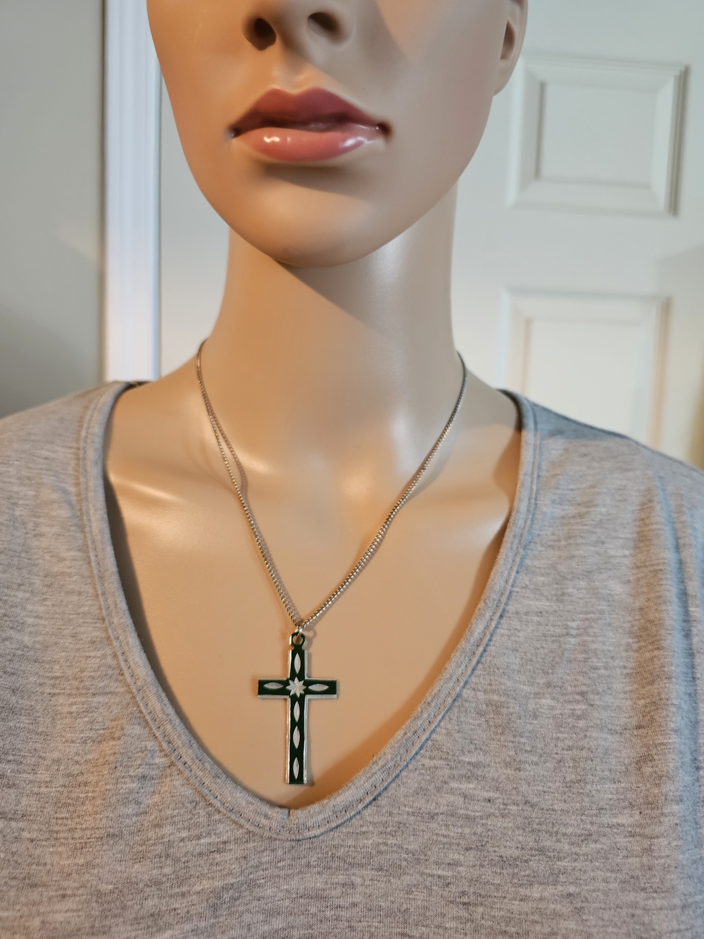 Green Enamel Cross Pendant Necklace on Silver Chain